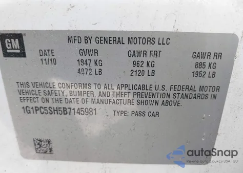 2011 Chevrolet Cruze Ls z USA, uszkodzony, nr VIN 1G1PC5SH5B7145981